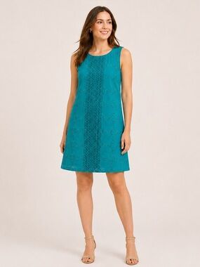 Eliza J Dress Women’s 4 Teal Turquoise Shift Eyelet Lace Lacy Overlay Sleeveless